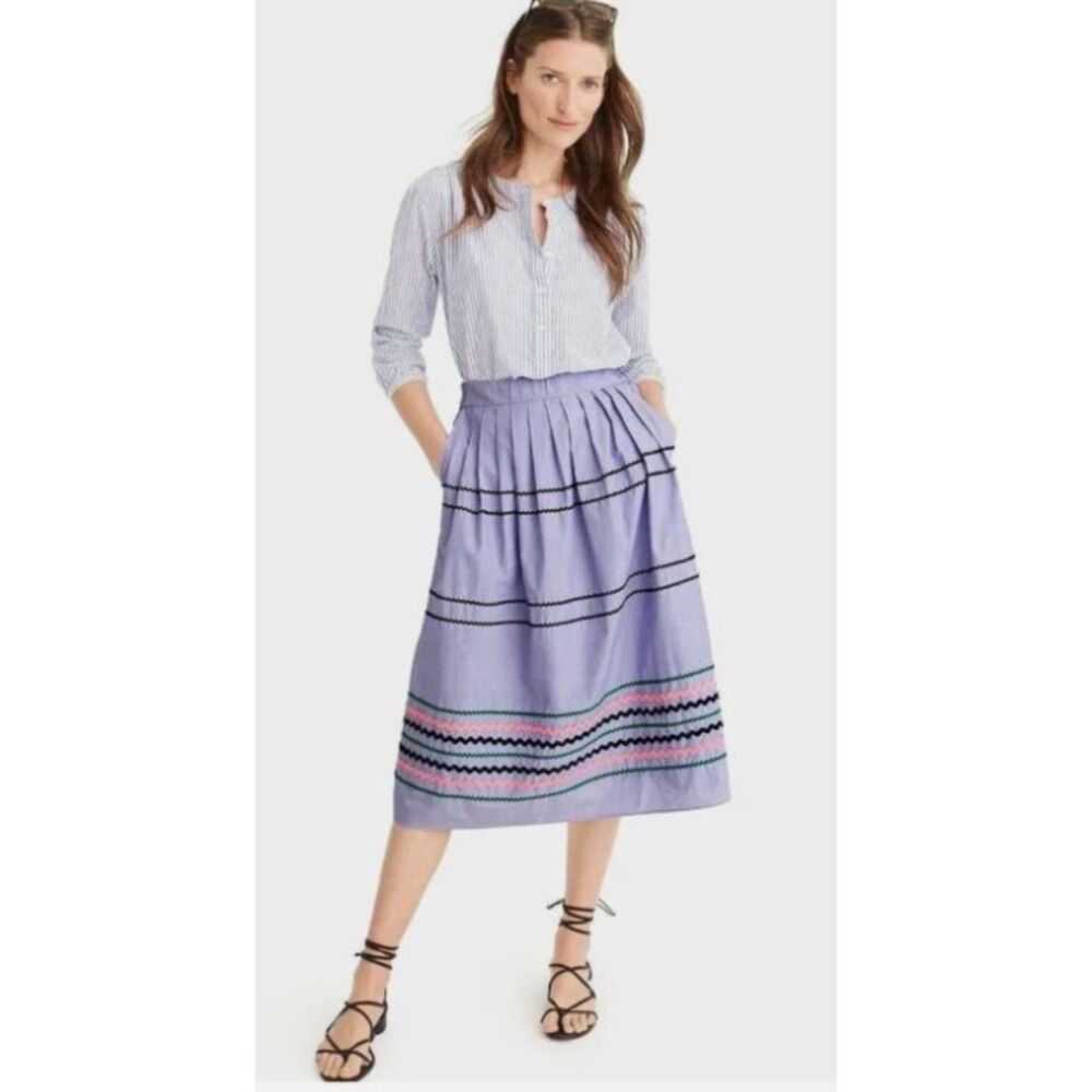 J. Crew Rickrack Trim Poplin Skirt Womens M Blue Chambray Cotton Midi A-Line